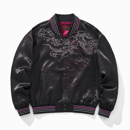 Chaqueta Béisbol Dragón Fuego Púrpura con Nubes Auspiciosas Bordadas