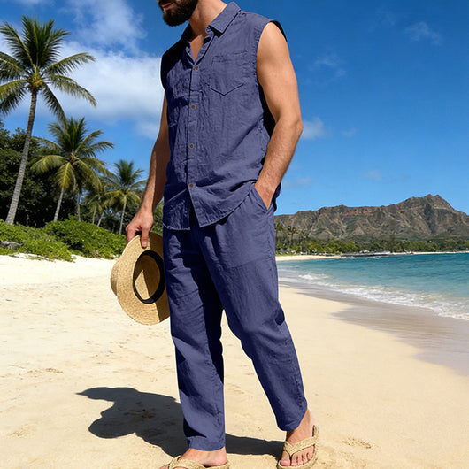 Conjunto de Lino Holgado para Hombre: Camisa sin Mangas y Pantalón Recto - Image 11