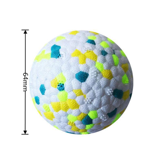 White pet toy ball with textured surface and colorful orange, yellow, and teal hexagonal patterns, 64mm diameter. - Image 8