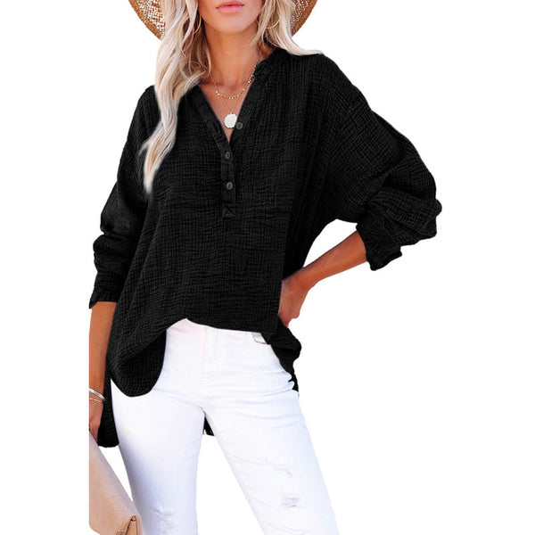 Blusa Suelta de Manga Larga con Cuello y Botones Decorativos - Otoño