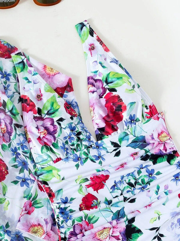 Traje de Baño Tres Piezas con Estampado Botánico Plisado