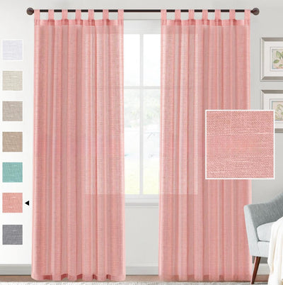 Light beige linen-look tab top curtains hanging on a dark rod, with a fabric swatch and color options. - Image 3