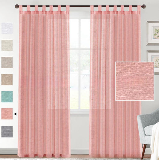 Light beige linen-look tab top curtains hanging on a dark rod, with a fabric swatch and color options. - Image 3