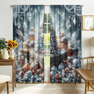 Digital printed Christmas curtains with a festive garland design, red ornaments, bows, and berries, on a white background. - Image 20