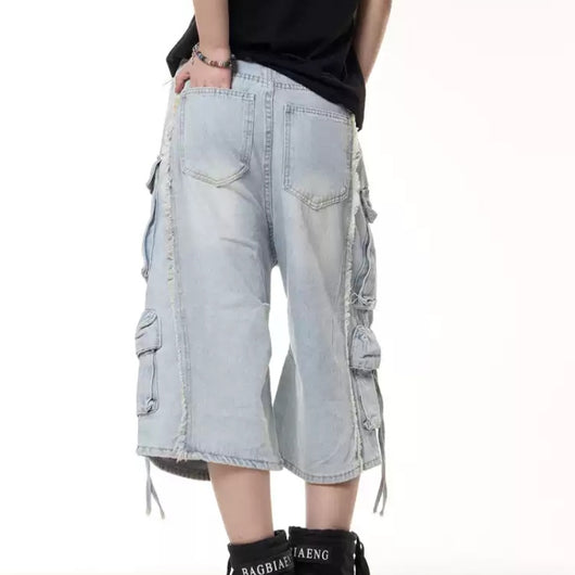 Pantalones Cortos Cargo Denim Retro Multibolsillos para Mujer - Verano Suelto Efecto Lavado - Image 4