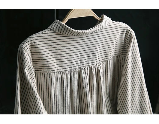 Blusa Retro de Lino y Algodón a Rayas con Diseño Artístico - Image 9