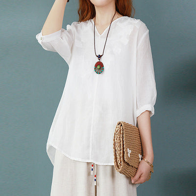 Blusa Larga Atrás Corta Adelante de Algodón y Lino con Bordado para Mujer - Image 7