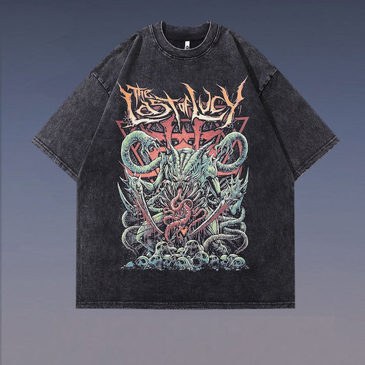 Camiseta Vintage Estampada Desgastada de Manga Corta para Hombre