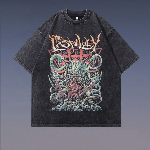 Camiseta Vintage Estampada Desgastada de Manga Corta para Hombre