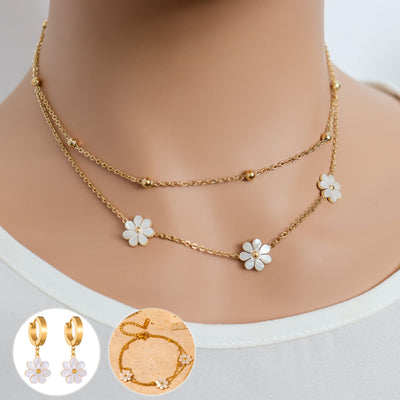 Conjunto de Joyería Flor Margarita en Acero Inoxidable: Collar Doble y Aretes