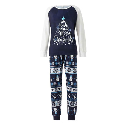 Matching family pajamas with navy blue and white raglan tops featuring a 'Let it Snow' graphic and snowman hat. Bottoms have a festive pattern of snowflakes, sn - Image 8