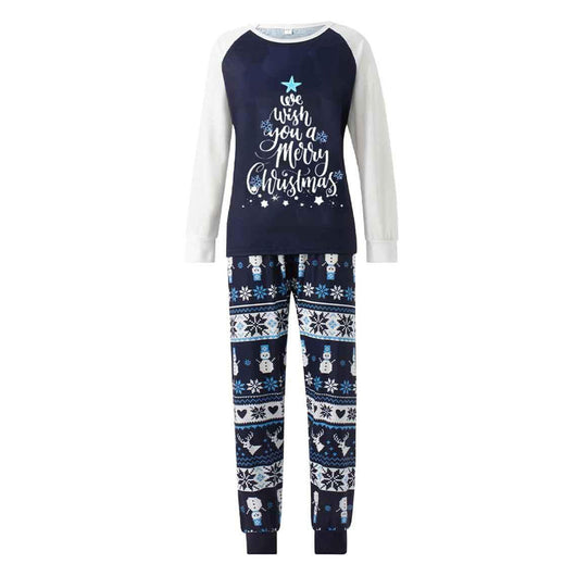 Matching family pajamas with navy blue and white raglan tops featuring a 'Let it Snow' graphic and snowman hat. Bottoms have a festive pattern of snowflakes, sn - Image 8