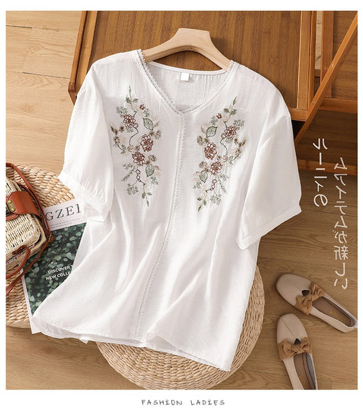 Blusa Suelta de Algodón y Lino con Escote V y Manga Corta para Mujer - Image 51