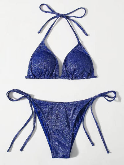 Shimmery blue two-piece bikini swimsuit with a triangle halter top and matching tie-side brief bottoms. - Image 8