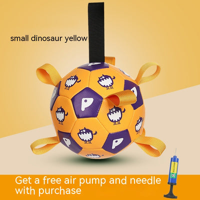 Orange and purple pet football toy with cartoon dinosaur-like characters and 'P' letters, featuring fabric loops and a strap. - Image 7