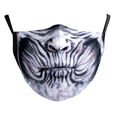 Green and yellow digital print Halloween dust mask with a grotesque, tree-like face design and black ear loops. - Image 26