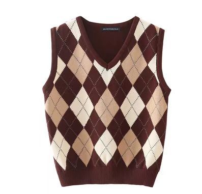 Chaleco Tejido Cuadros Diamante Estilo Preppy Retro Versátil - Image 11