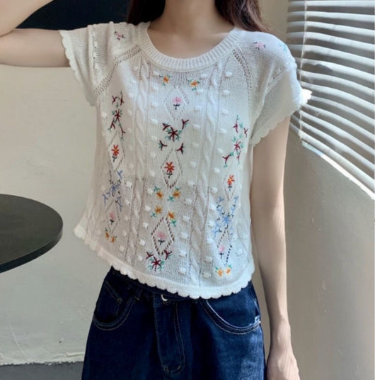 Blusa Lino Bordado Calado Manga Corta Ajustada - Image 6