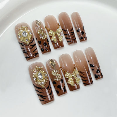 Uñas Postizas Degradado Leopardo Transparente - Diseño Pintado a Mano