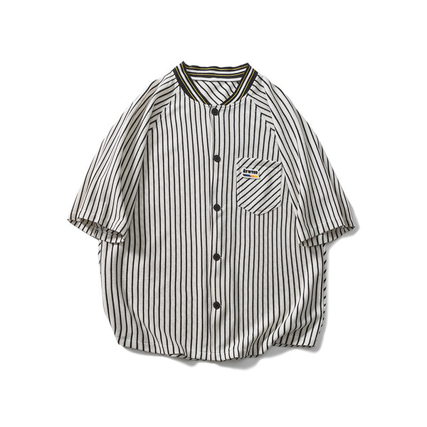 Camisa Vintage de Rayas Verticales Cuello Redondo Manga Corta