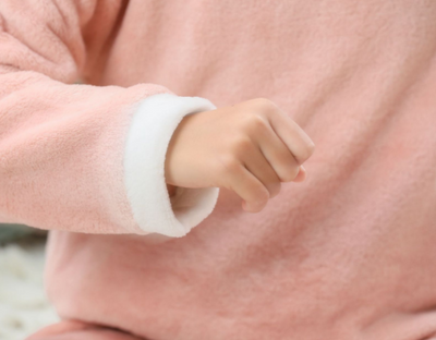 Reddish-brown coral velvet children's loungewear set with a long-sleeved top and matching pants, featuring white trim. - Image 17