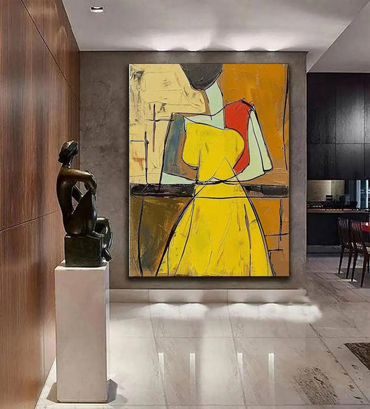 Cuadro Abstracto al Óleo Pintado a Mano - Arte Vintage Wabi Sabi Amarillo Texturizado para Dormitorio