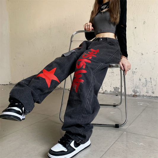 Jeans Rectos Anchos con Estampado de Estrellas Vintage y Roturas - Image 2