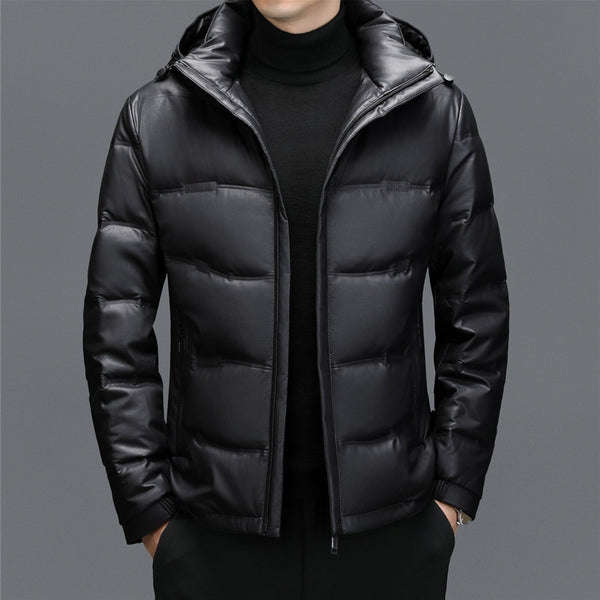 Abrigo de Cuero con Plumón de Pato Blanco para Hombre - Cálido y Elegante