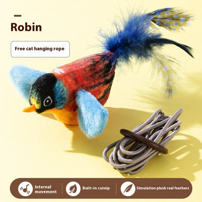 Plush bird cat toy with orange chest, grey body, feathered tail, and an elastic string for interactive play. - Image 23