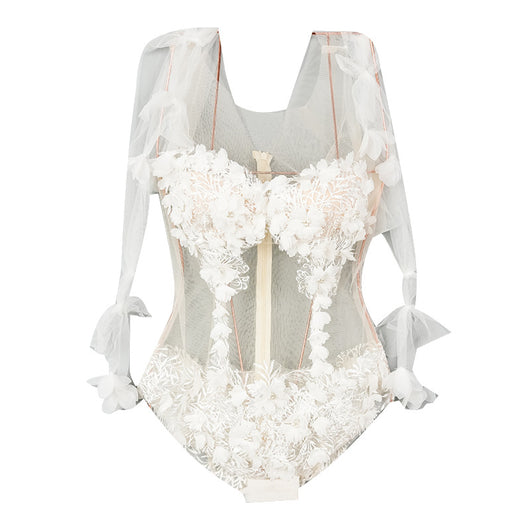 Traje de Baño Enterizo Triangular con Encaje Transparente Bordado - Image 7