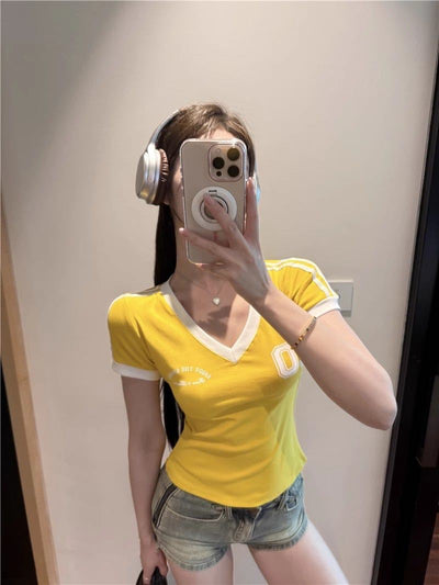 Blusa Retro Cuello V Contraste Hombros Descubiertos - Image 22