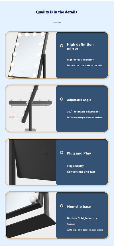 Black desktop LED light mirror with nine bright bulbs, smart touch controls, and stepless dimming for dressing. - Image 16
