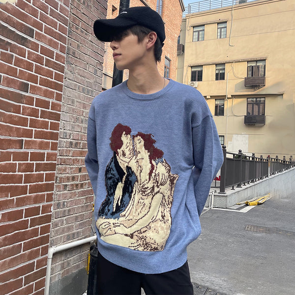 Suéter de Terciopelo Tejido con Estampado Graffiti Lovers en Azul