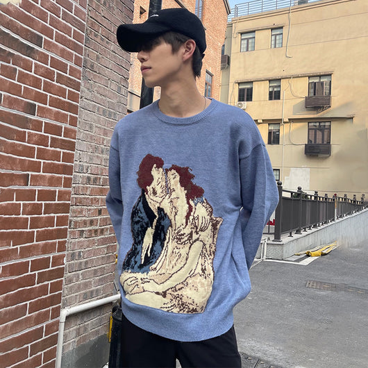 Suéter de Terciopelo Tejido con Estampado Graffiti Lovers en Azul