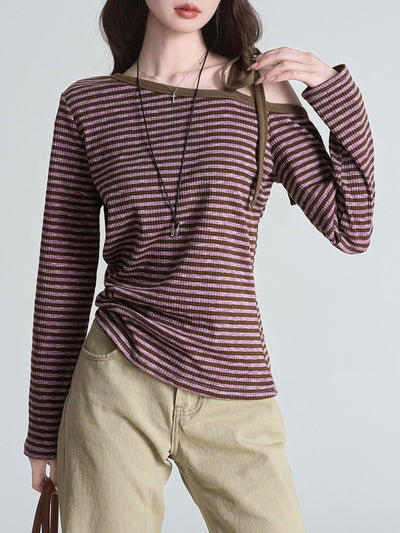 Blusa Slim Rayas Moradas con Hombros Descubiertos Manga Larga - Image 14