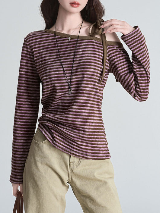 Blusa Slim Rayas Moradas con Hombros Descubiertos Manga Larga - Image 14