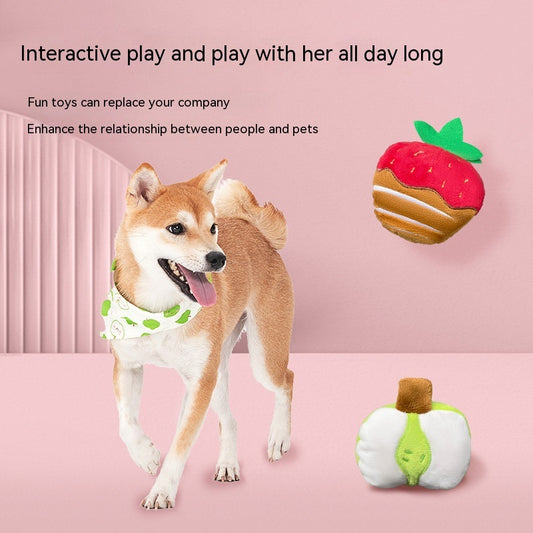 Plush pear dog toy in white and light green with a brown stem, measuring 12cm long by 10cm wide.