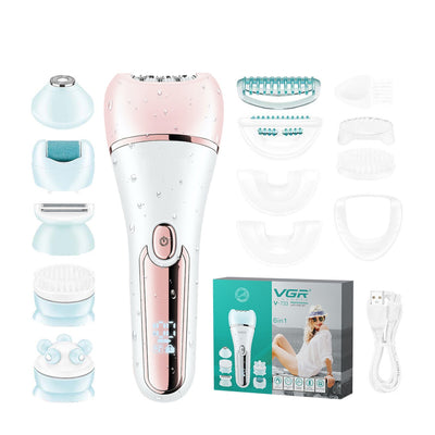 Six-in-one women's electric hair removal device suit in white and rose gold with multiple interchangeable heads. - Image 4