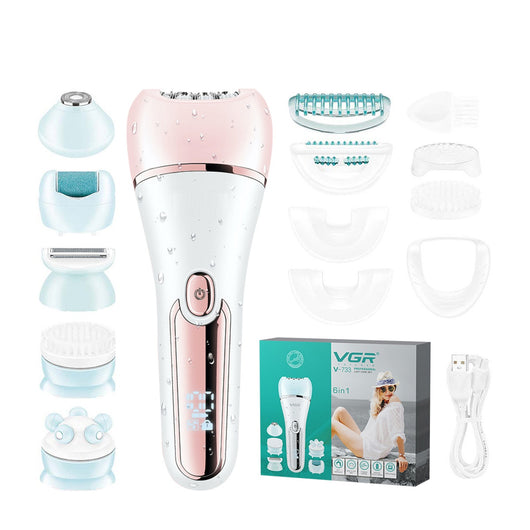 Six-in-one women's electric hair removal device suit in white and rose gold with multiple interchangeable heads. - Image 4