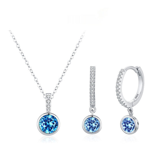 Women's light luxury jewelry set with a silver-toned necklace and hoop earrings, each featuring a sea blue artificial diamond pendant and clear artificial diamo - Image 5
