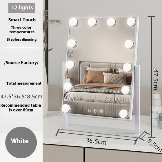 Black desktop LED light mirror with nine bright bulbs, smart touch controls, and stepless dimming for dressing. - Image 9