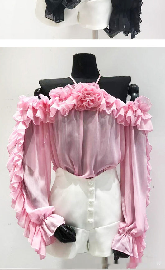 Blusa Chiffon Hombros Descubiertos Manga Larga - Image 14