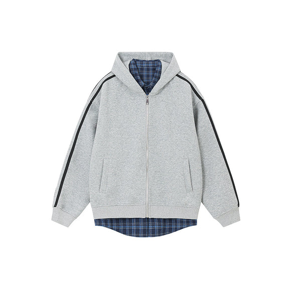 Cardigan Abrigo Cuadrillé con Capucha y Detalles Combinados
