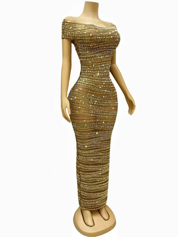 Vestido de Noche Brillante con Cristales Rhinestone - Traje de Gala Elegante