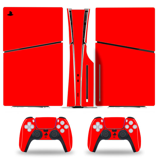 Red carbon fiber pattern skin set for Sony PS5 Slim console and two DualSense controllers, shown applied. - Image 6
