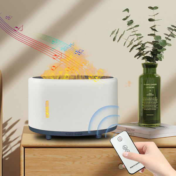Two-tone cylindrical humidifier with a light body and dark base, featuring control buttons and small feet.