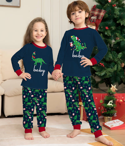 Blue baby long-sleeved pajama set with red trim, featuring a Christmas dinosaur wrapped in lights and "baby" text. - Image 13
