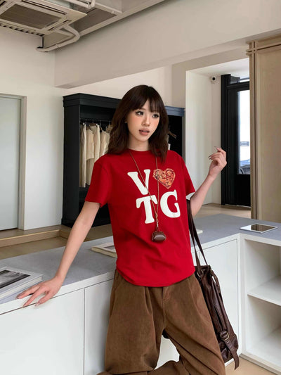 Camiseta Retro Suelta con Estampado de Carta de Amor para Mujer - Image 12