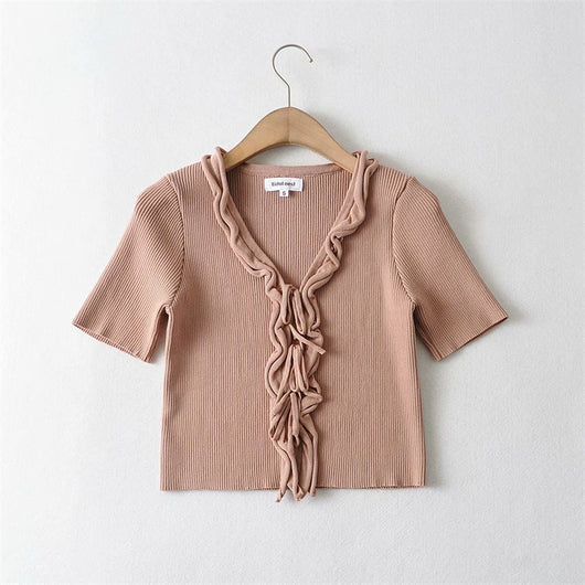 Cardigan de Encaje Talle Alto Ajustado Manga Corta para Mujer - Image 8
