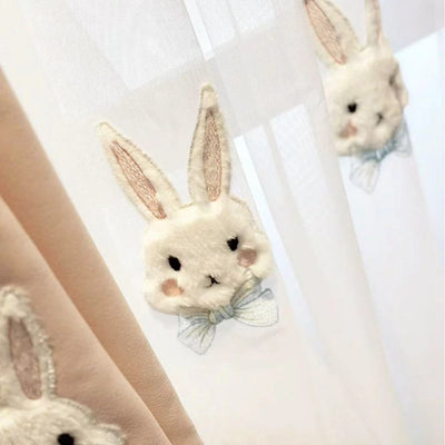 Pink curtains with white plush rabbit appliques, paired with a sheer white inner curtain also featuring rabbit designs. - Image 4